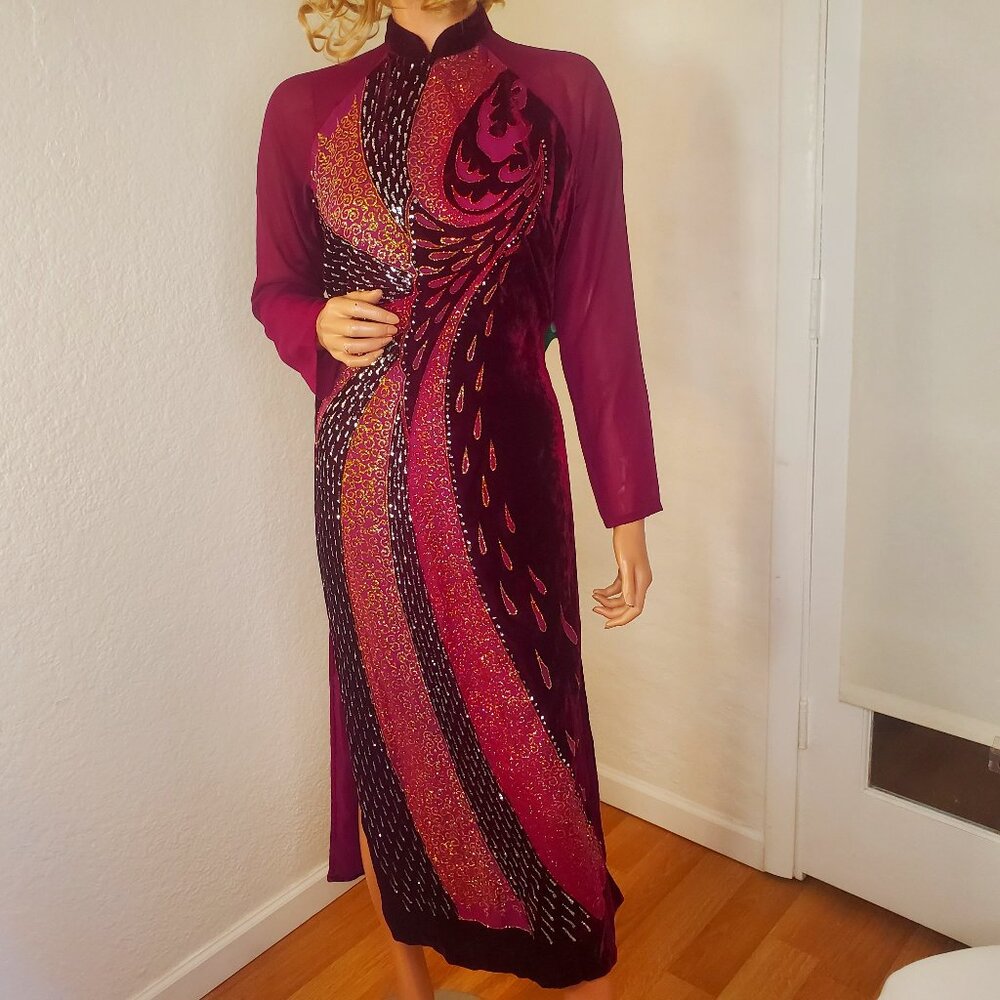 Burgundy Hand Painted Glitter Velvet Cheongsam Dress Open Sides Flames Tears S/M